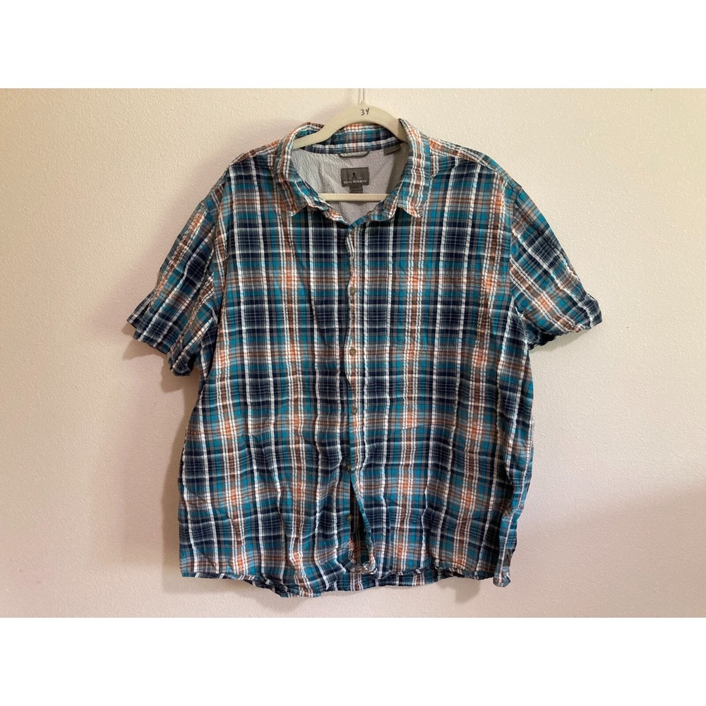 Royal Robbins Standard Fit Blue Plaid Button Up Shirt Size XXL Men Short Sleeve